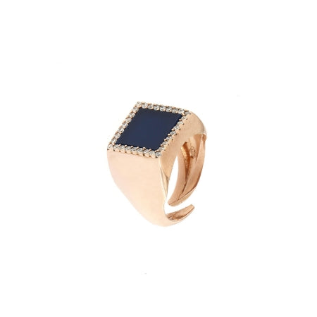 Anello argento rosa, con resina quadrata blu e zirconi