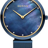 BERING Orologio da donna al quarzo, analogico, in blu scuro, con cinturino in maglia milanese