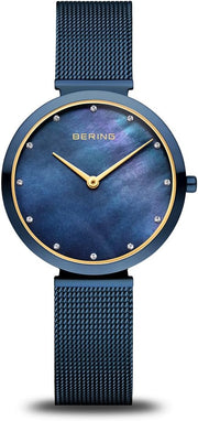 BERING Orologio da donna al quarzo, analogico, in blu scuro, con cinturino in maglia milanese